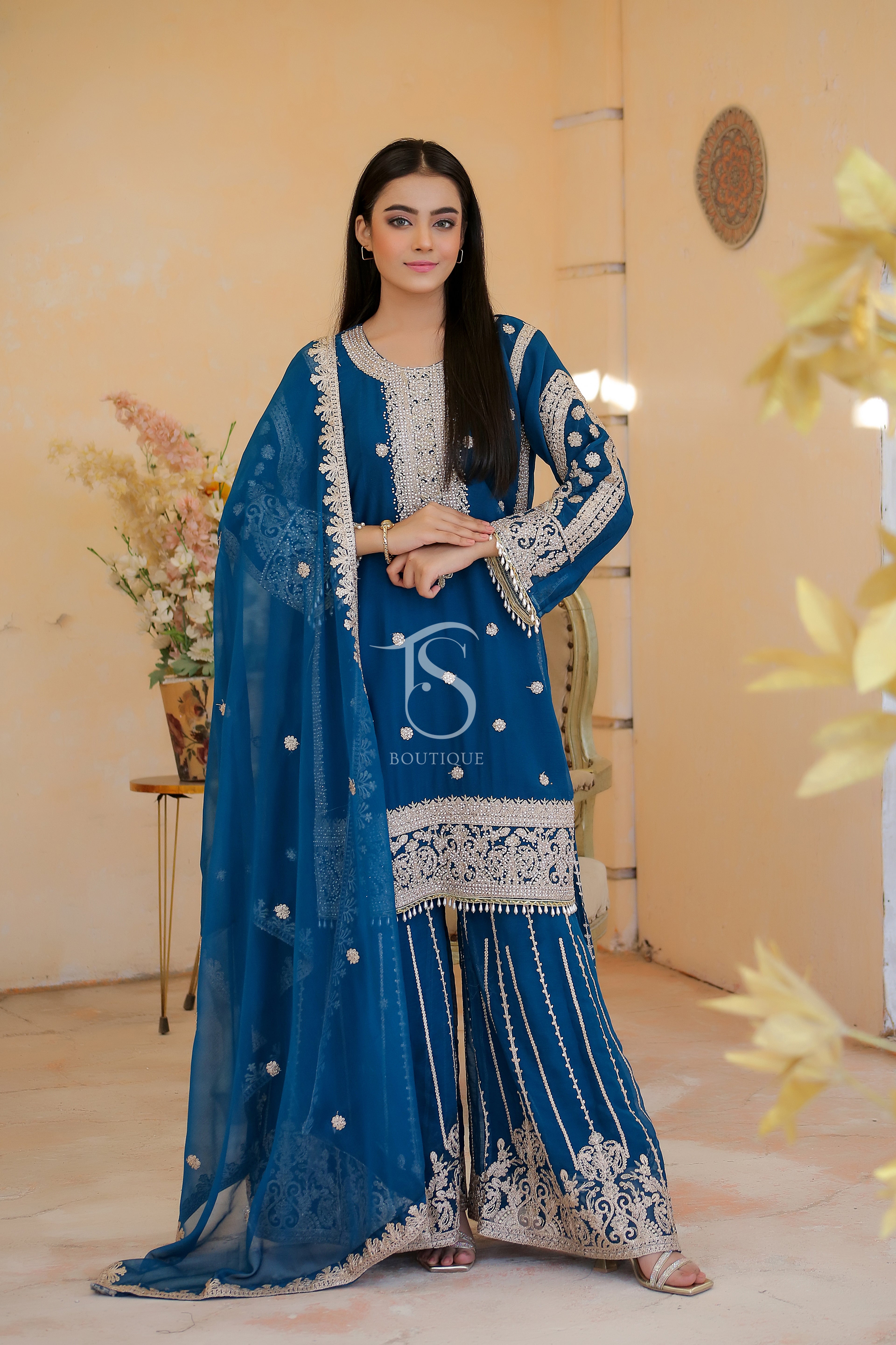 Exquisite 3-Piece Festive Ensemble – Intricate Dori Embroidery with Premium DMC Stone Accents
