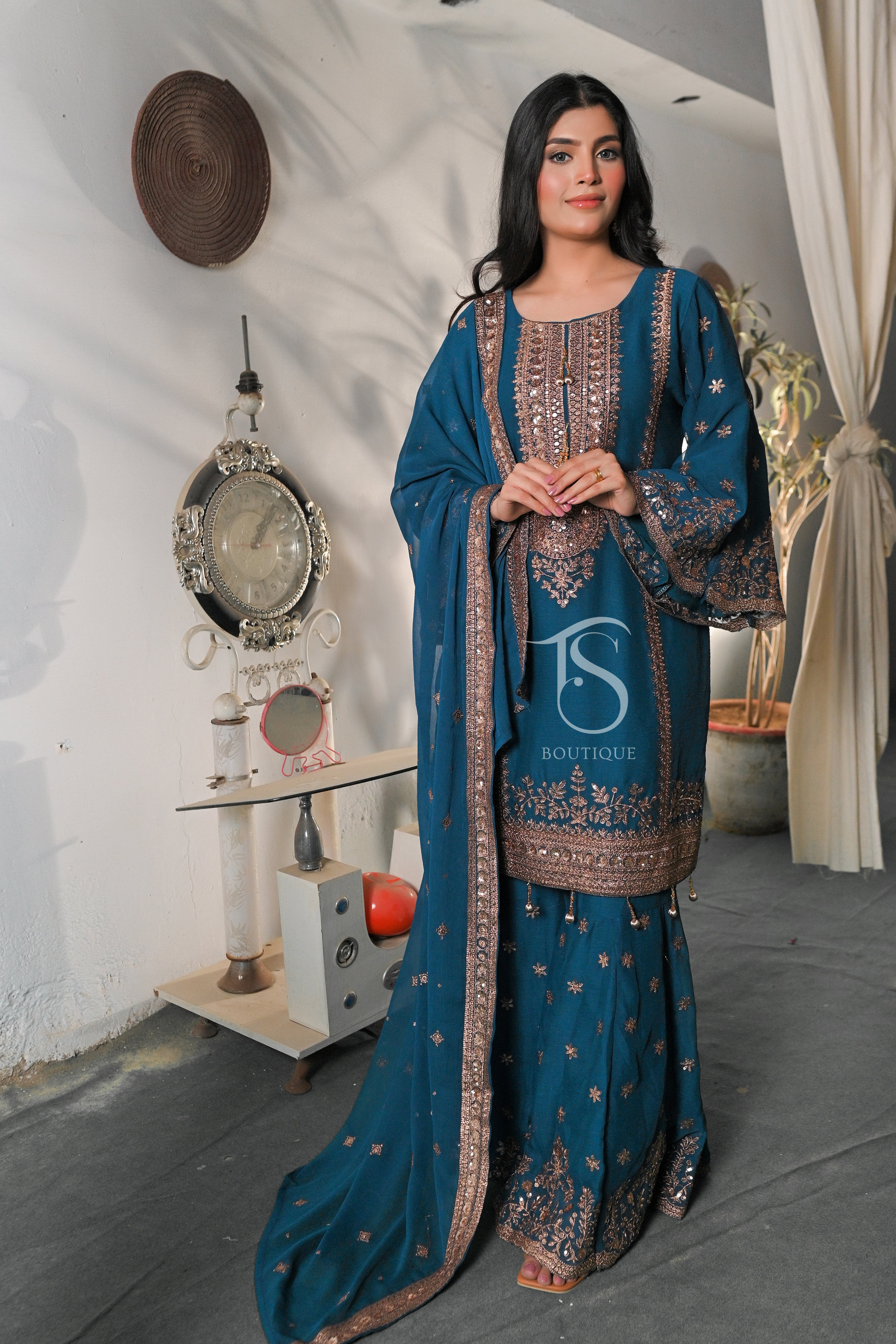 3PC Golden Zari Work Suit with Gharara | Traditional Wedding Wear