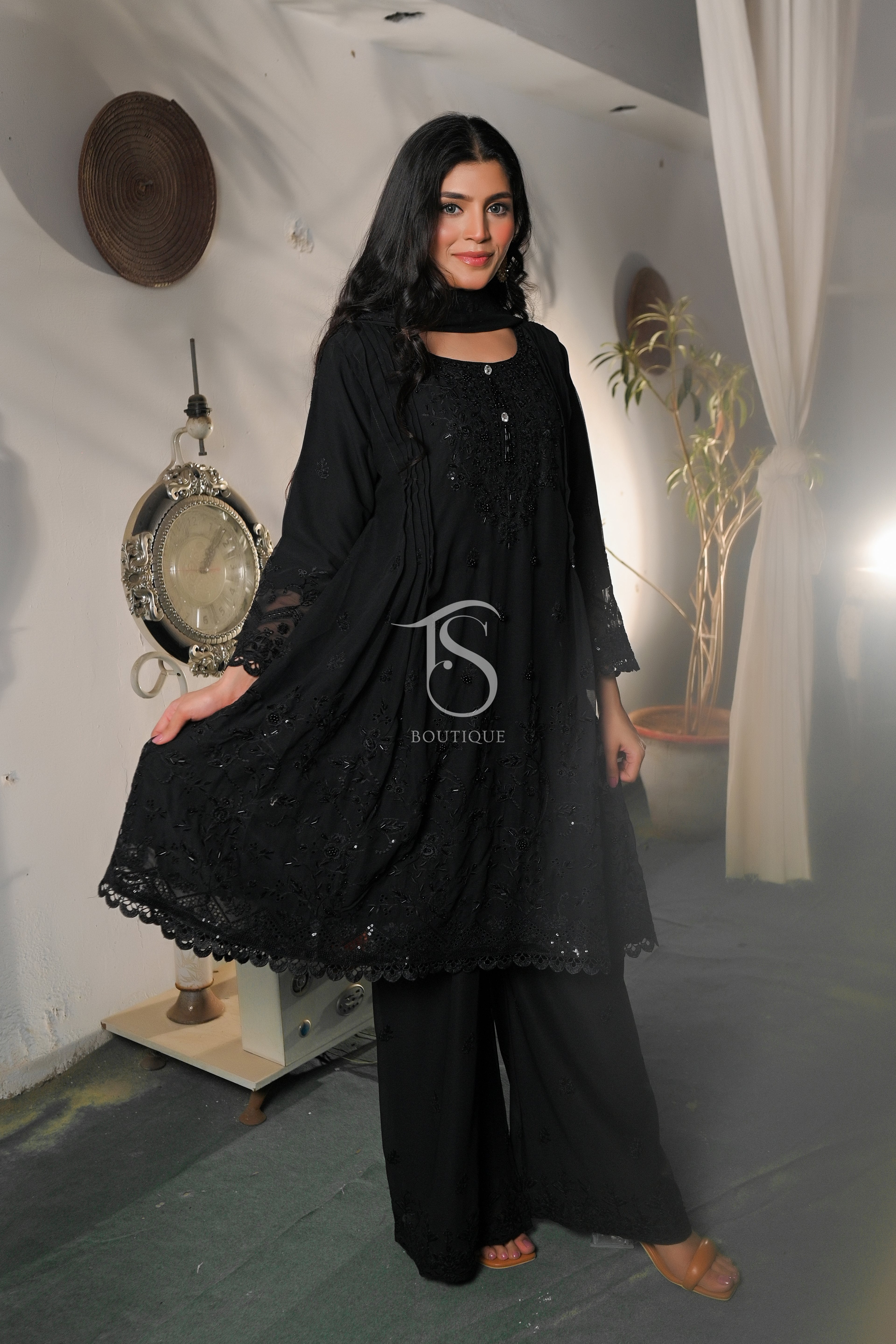 3PC 3D Embroidered Short Frock & Palazzo Set | Trendy Festive Wear
