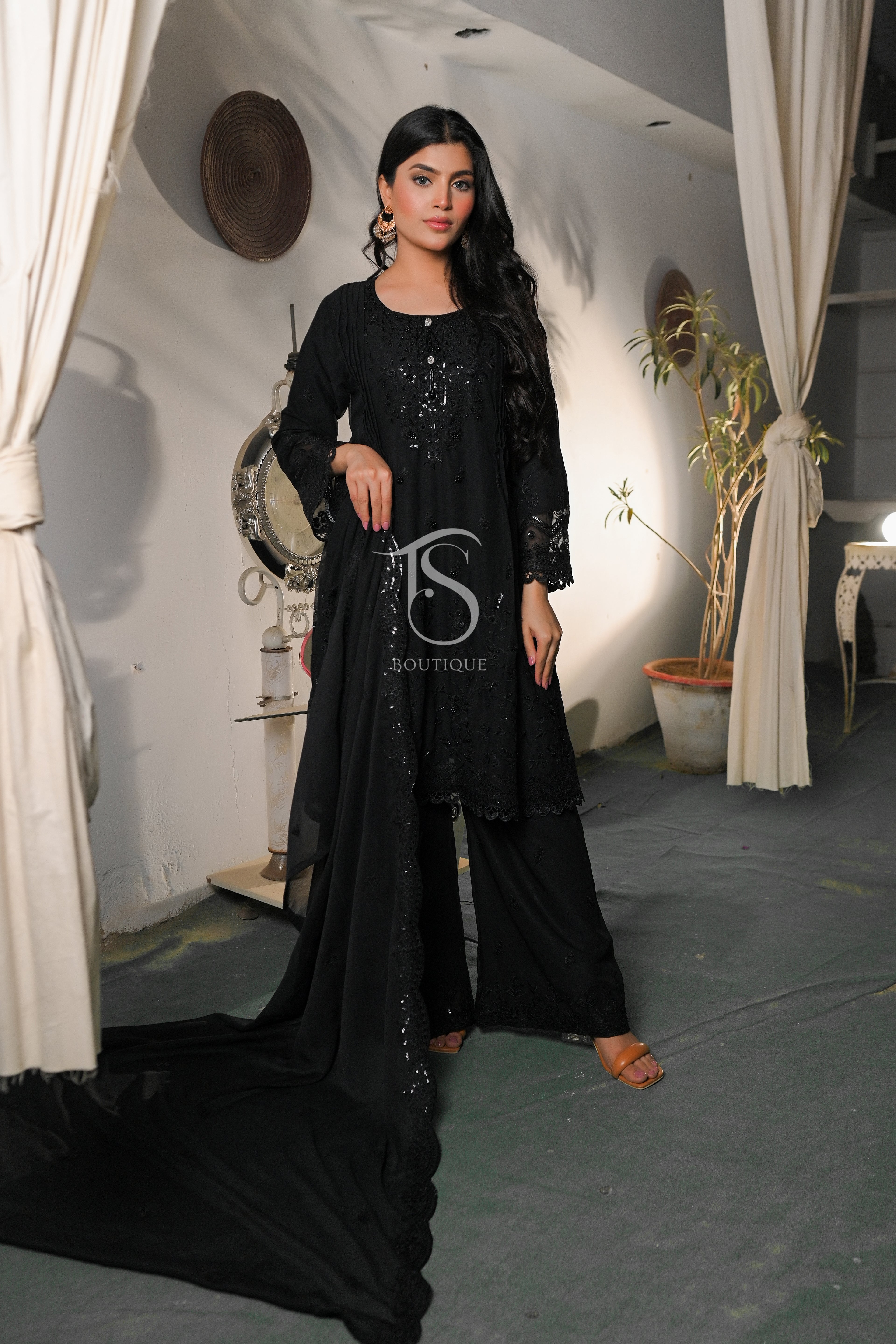 3PC 3D Embroidered Short Frock & Palazzo Set | Trendy Festive Wear