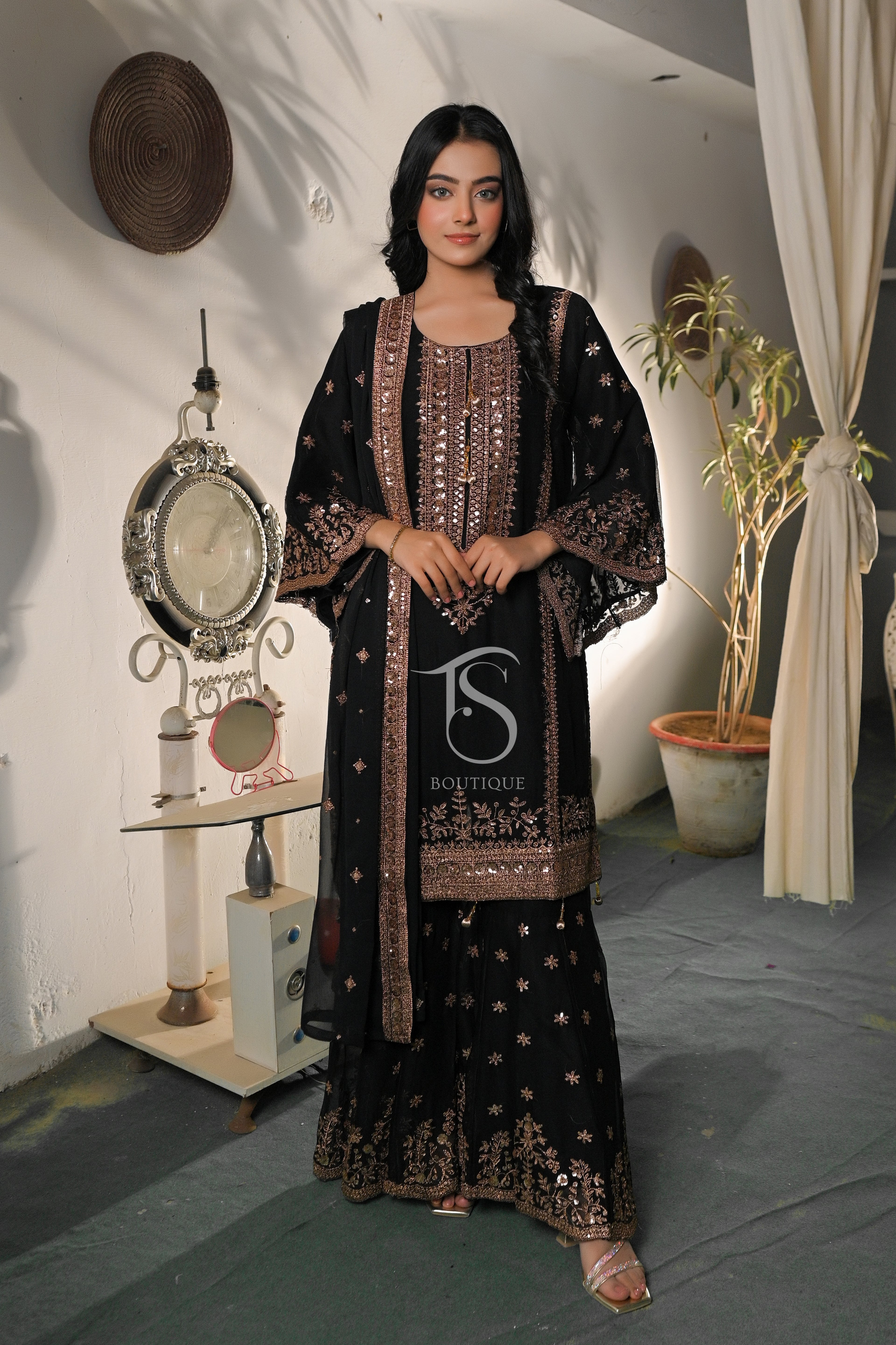 3PC Golden Zari Work Suit with Gharara | Traditional Wedding Wear