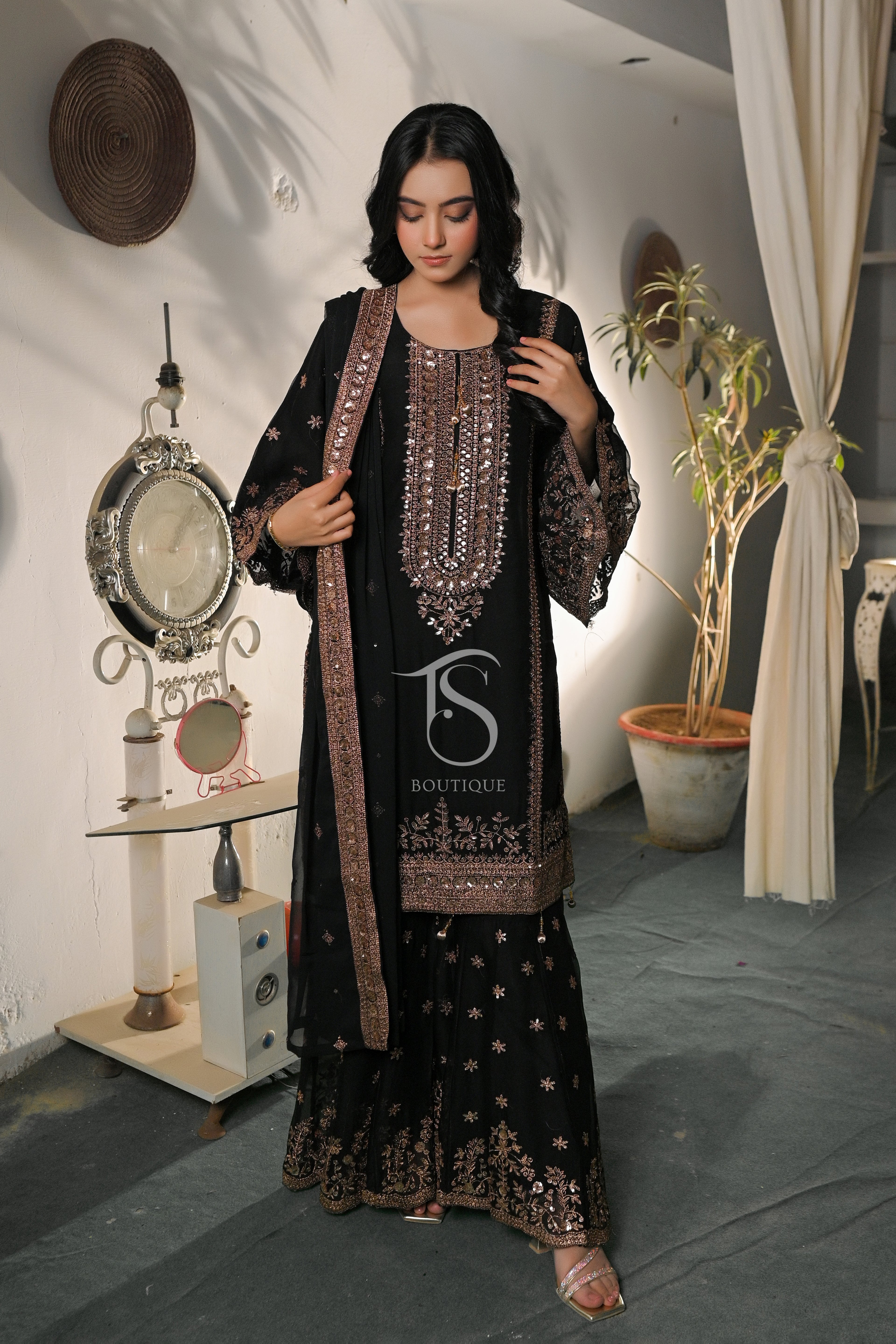 3PC Golden Zari Work Suit with Gharara | Traditional Wedding Wear