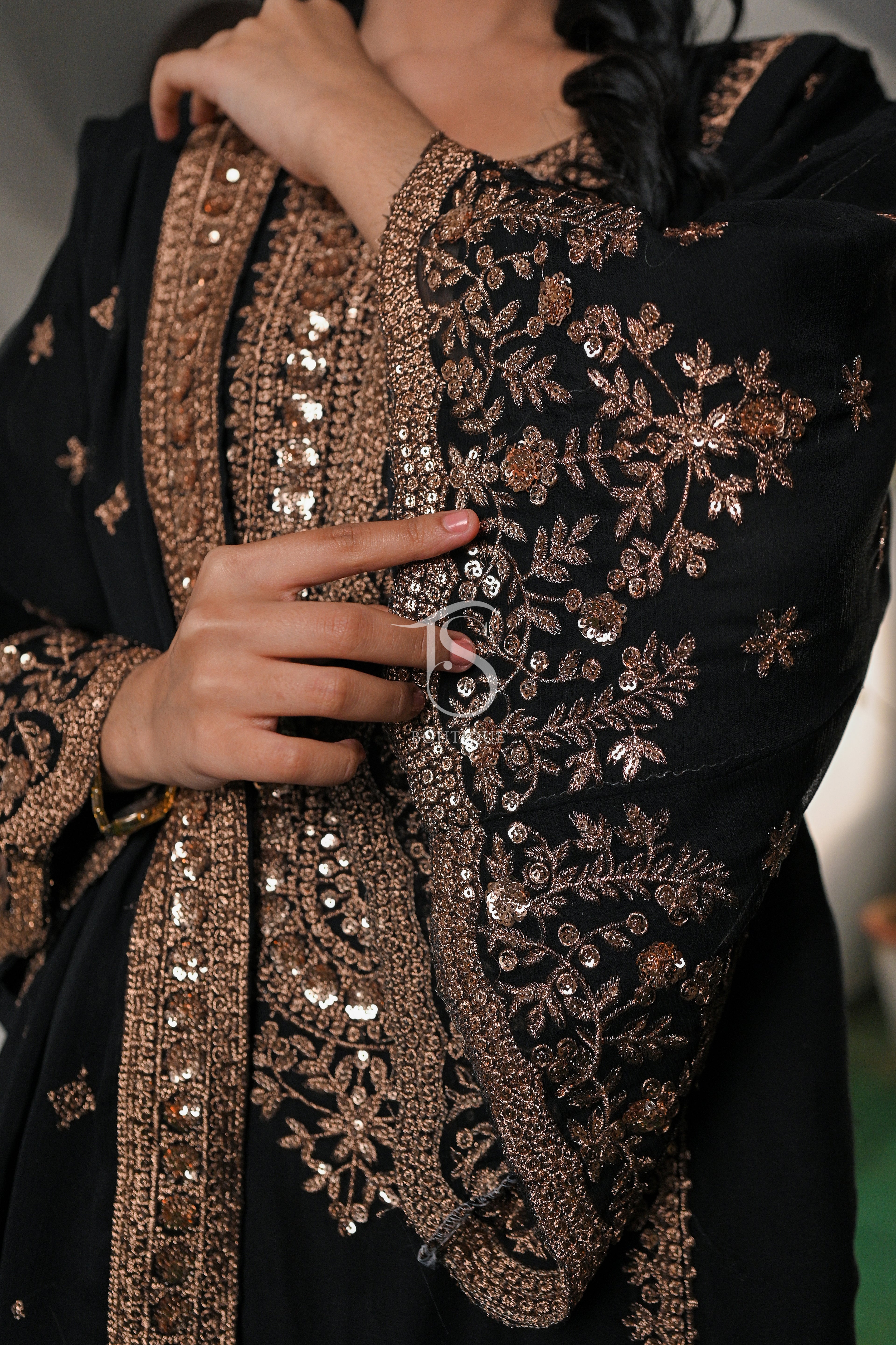 3PC Golden Zari Work Suit with Gharara | Traditional Wedding Wear