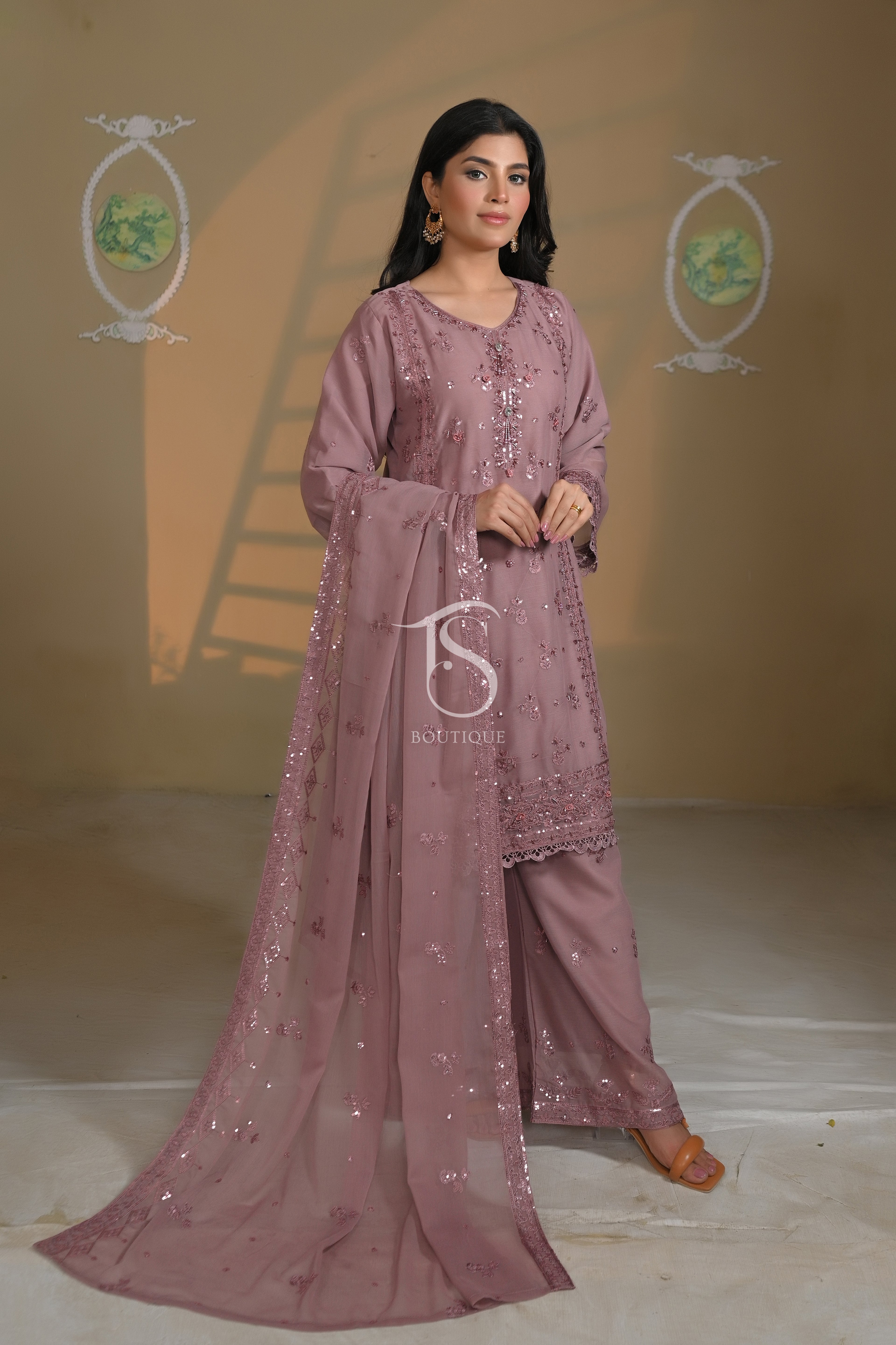 3PC 3D Embroidered Shirt & Matching Palazzo Set | Modern Festive Wear