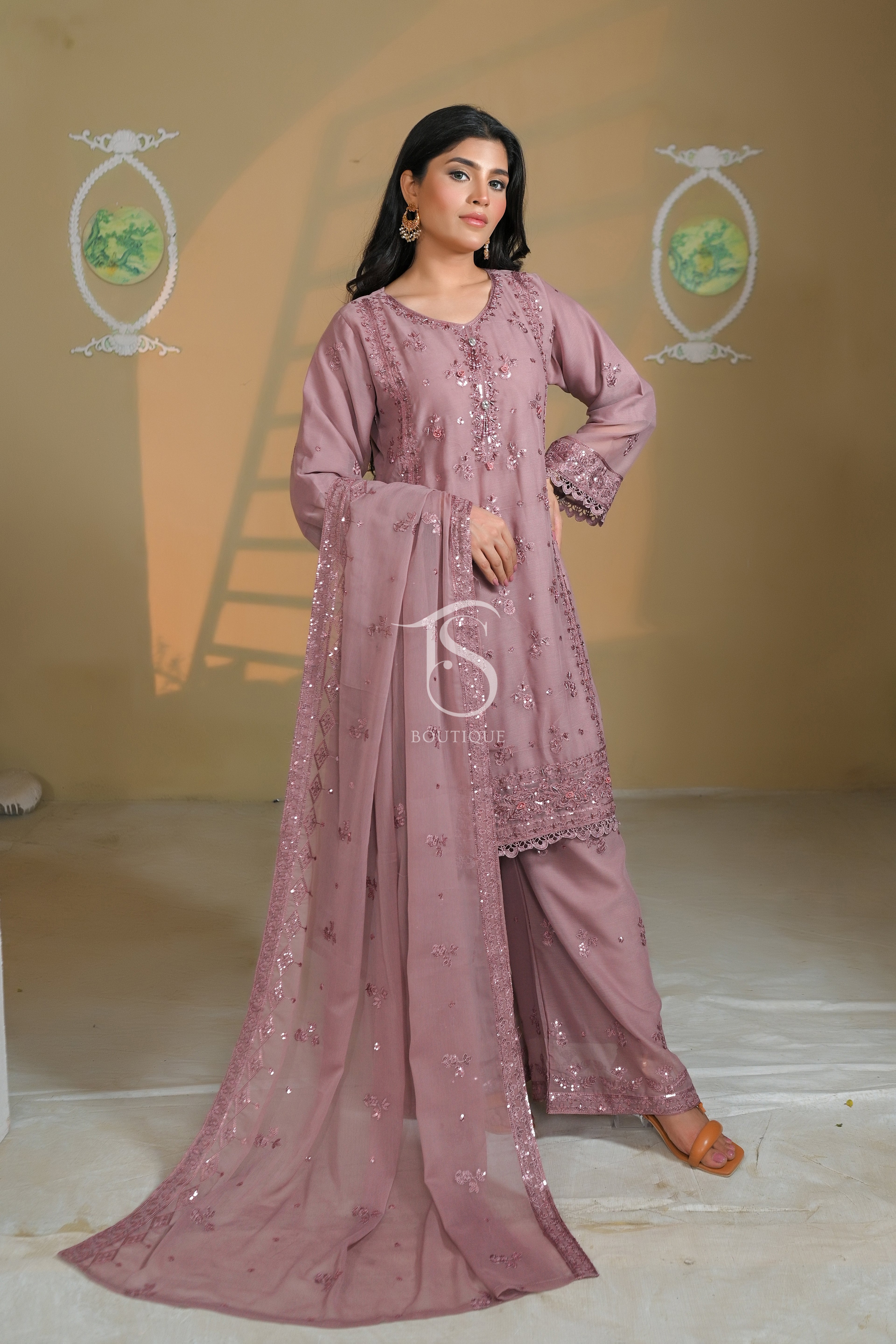 3PC 3D Embroidered Shirt & Matching Palazzo Set | Modern Festive Wear