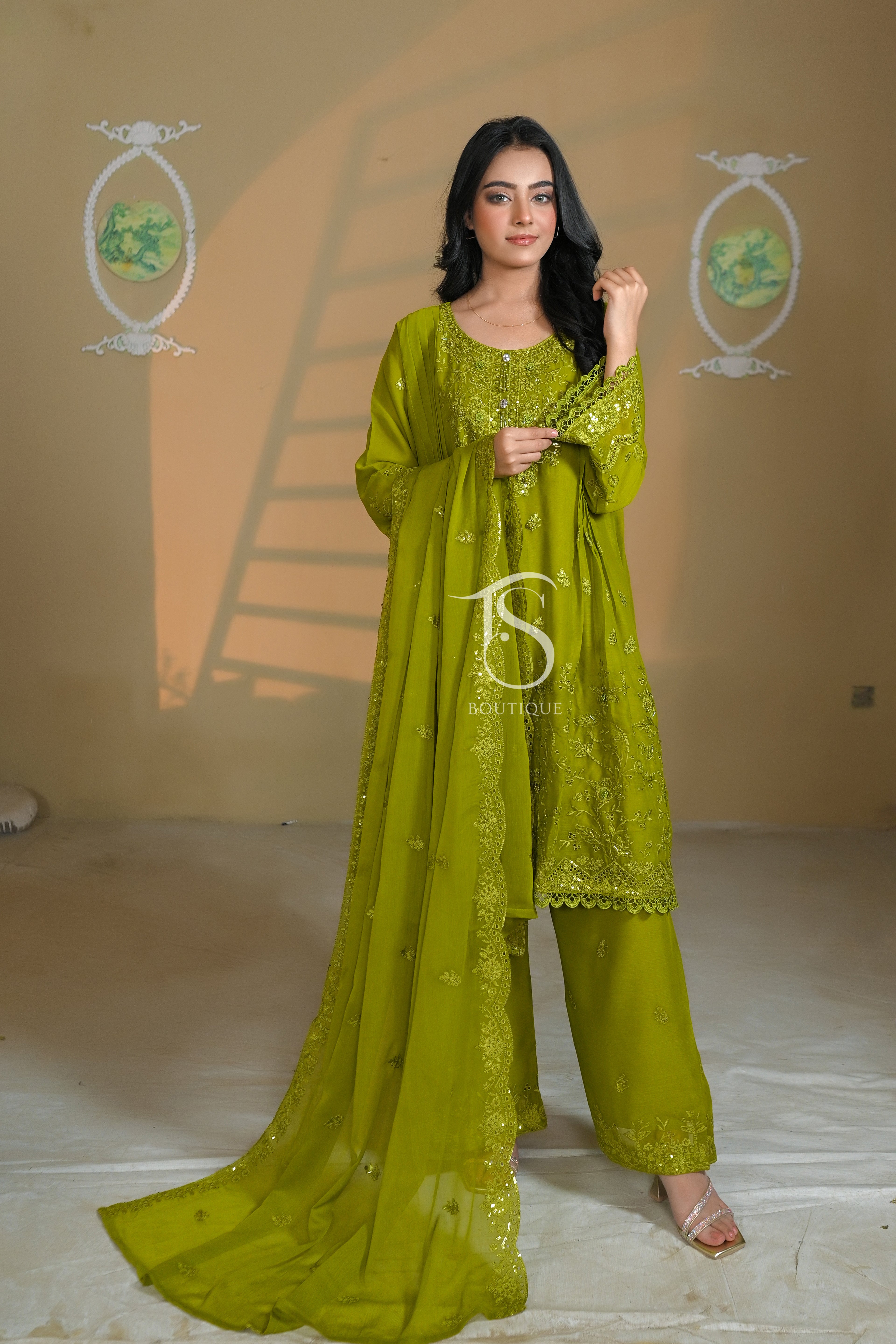 3PC 3D Embroidered Short Frock & Palazzo Set | Trendy Festive Wear