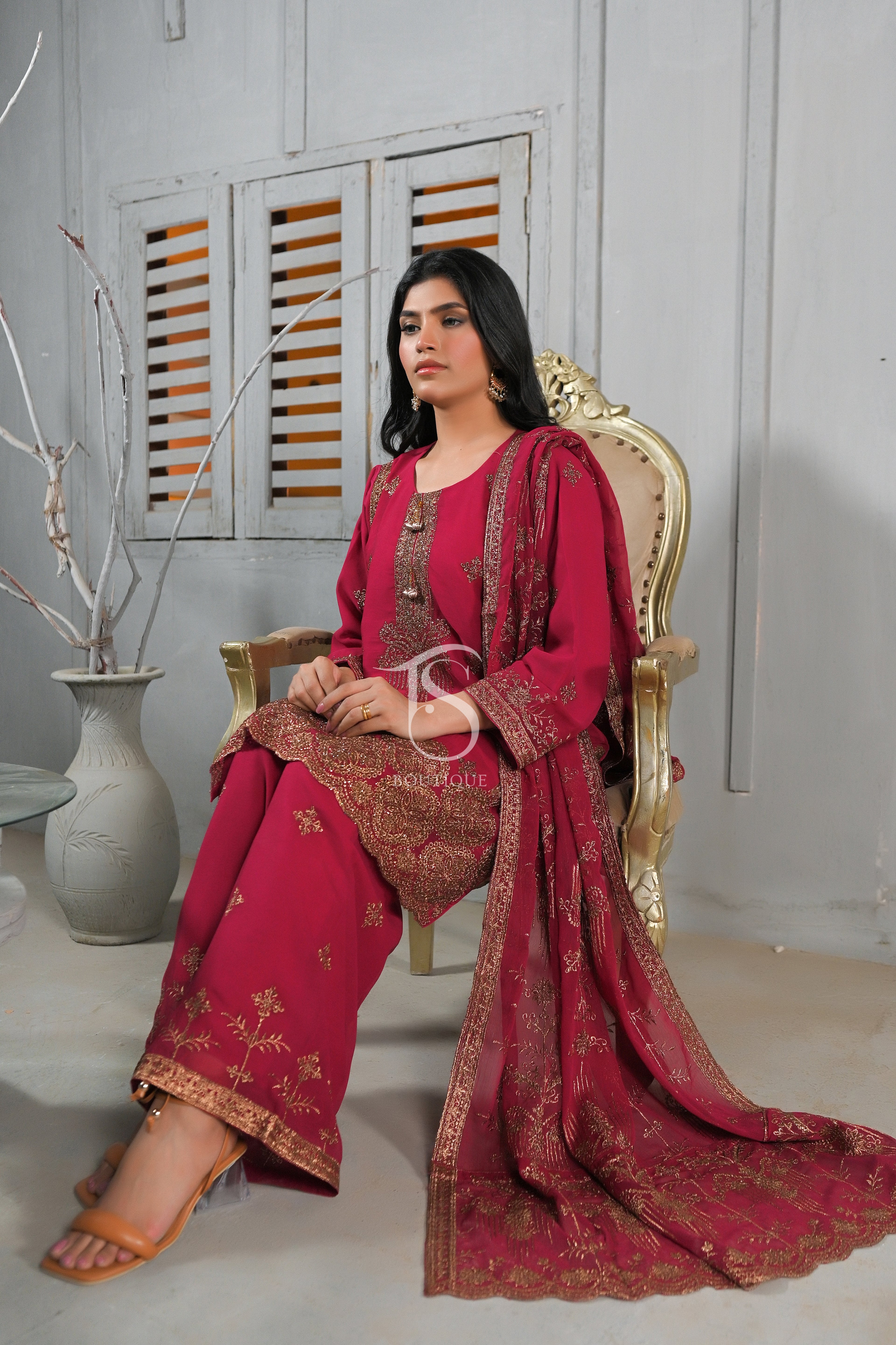 3PC Golden Zari & Stone Work Suit | Luxury Wedding Wear Ensemble