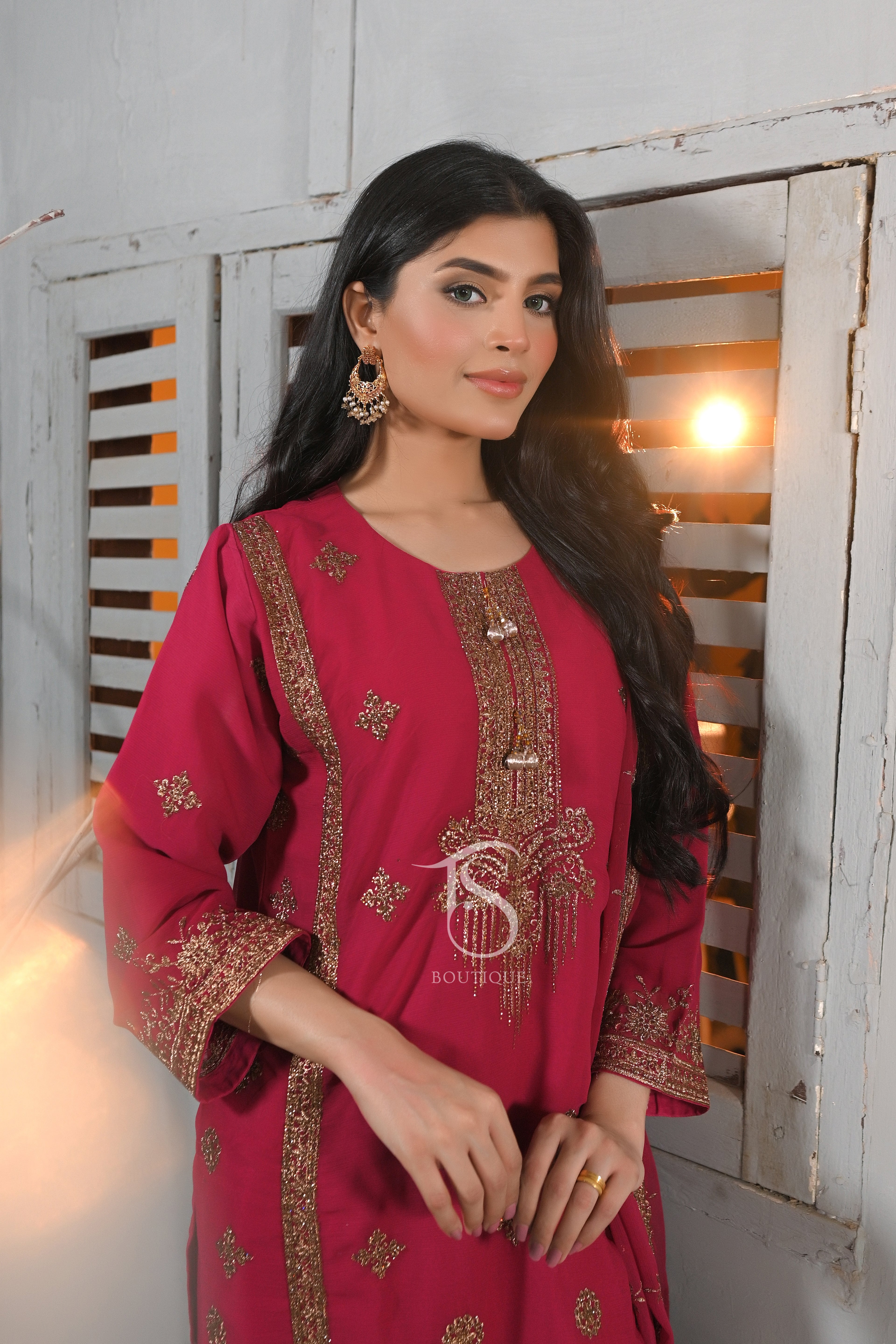 3PC Golden Zari & Stone Work Suit | Luxury Wedding Wear Ensemble