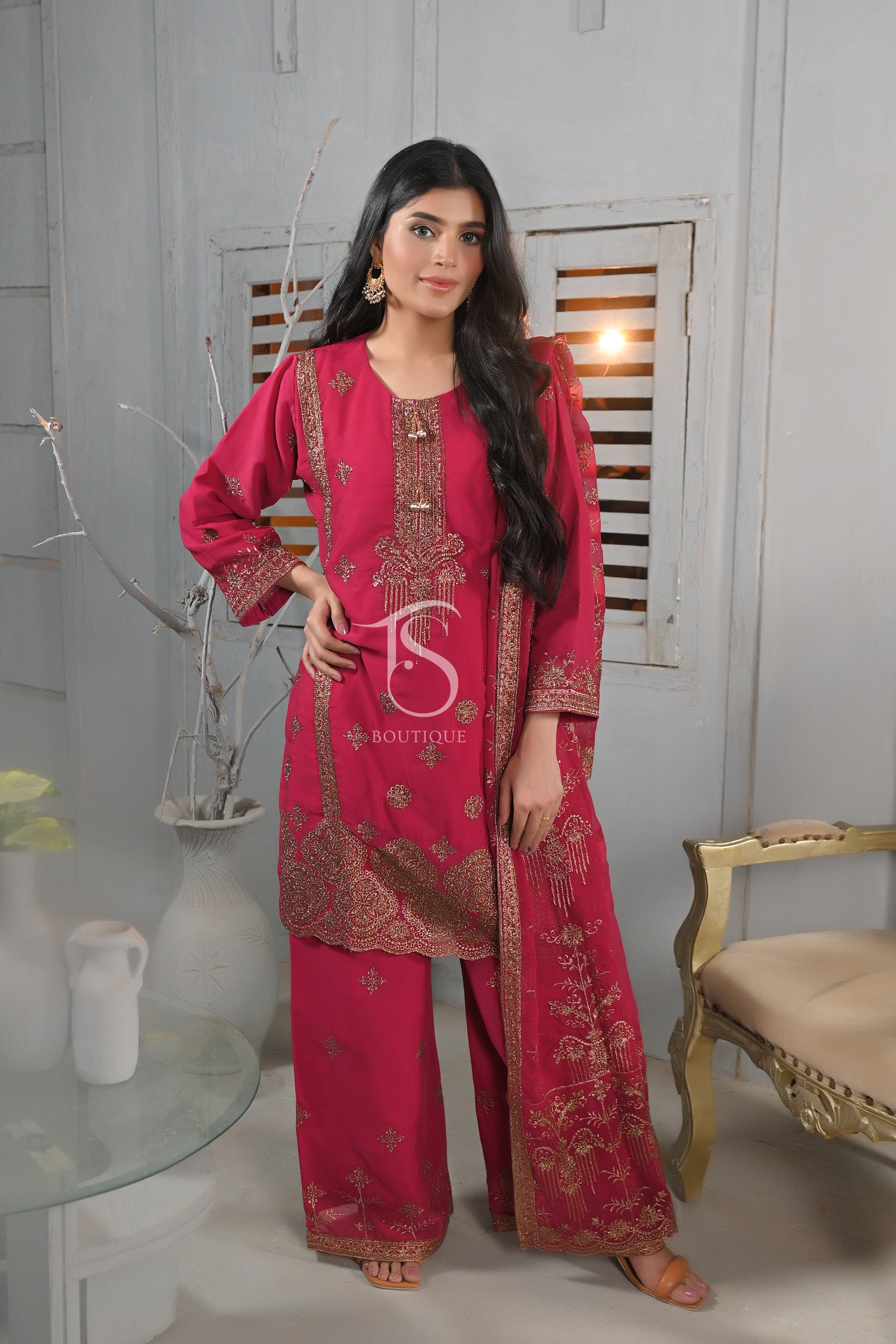 3PC Golden Zari & Stone Work Suit | Luxury Wedding Wear Ensemble