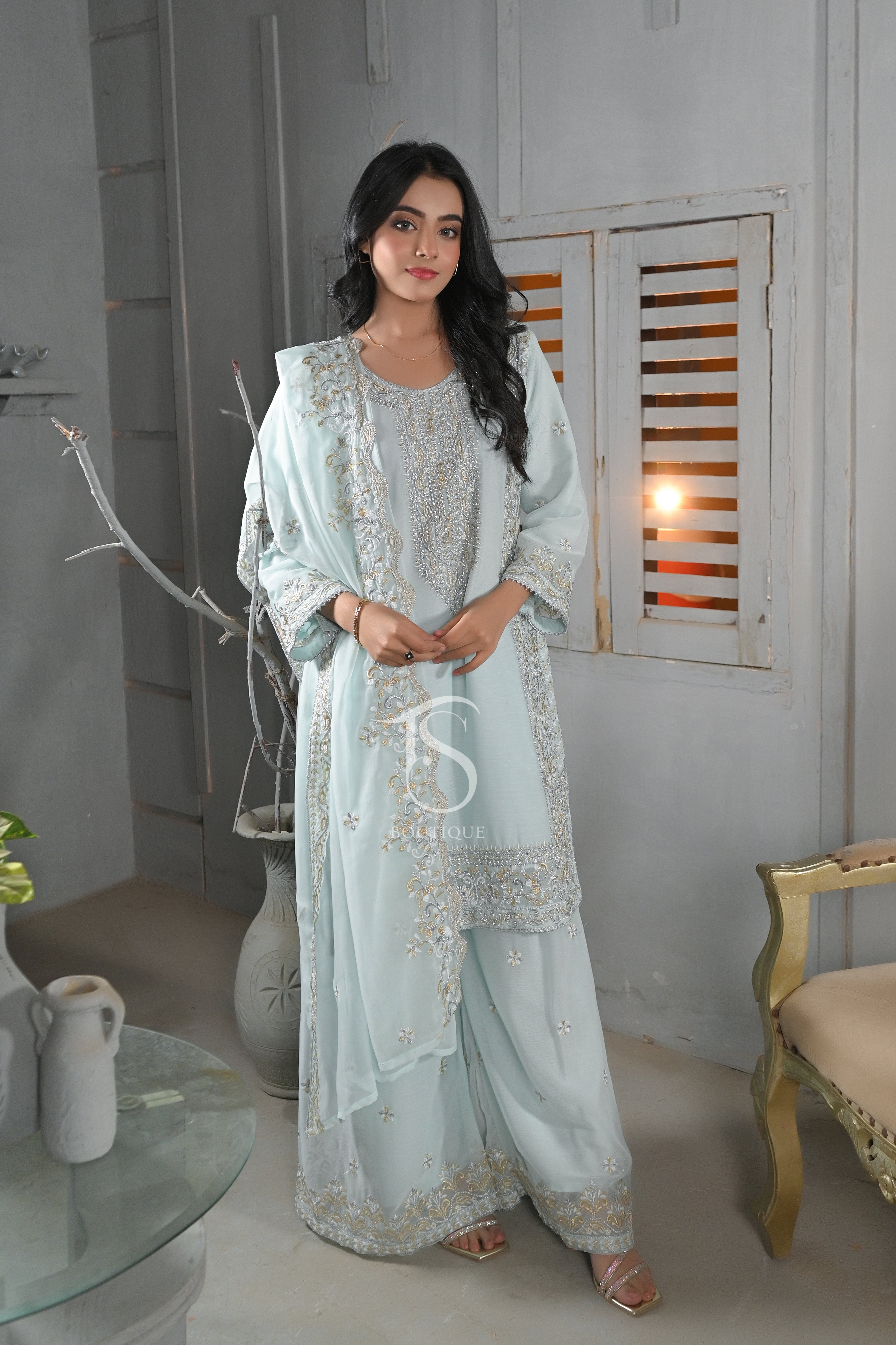 Shimmering Silver Stone Work Plazo Suit