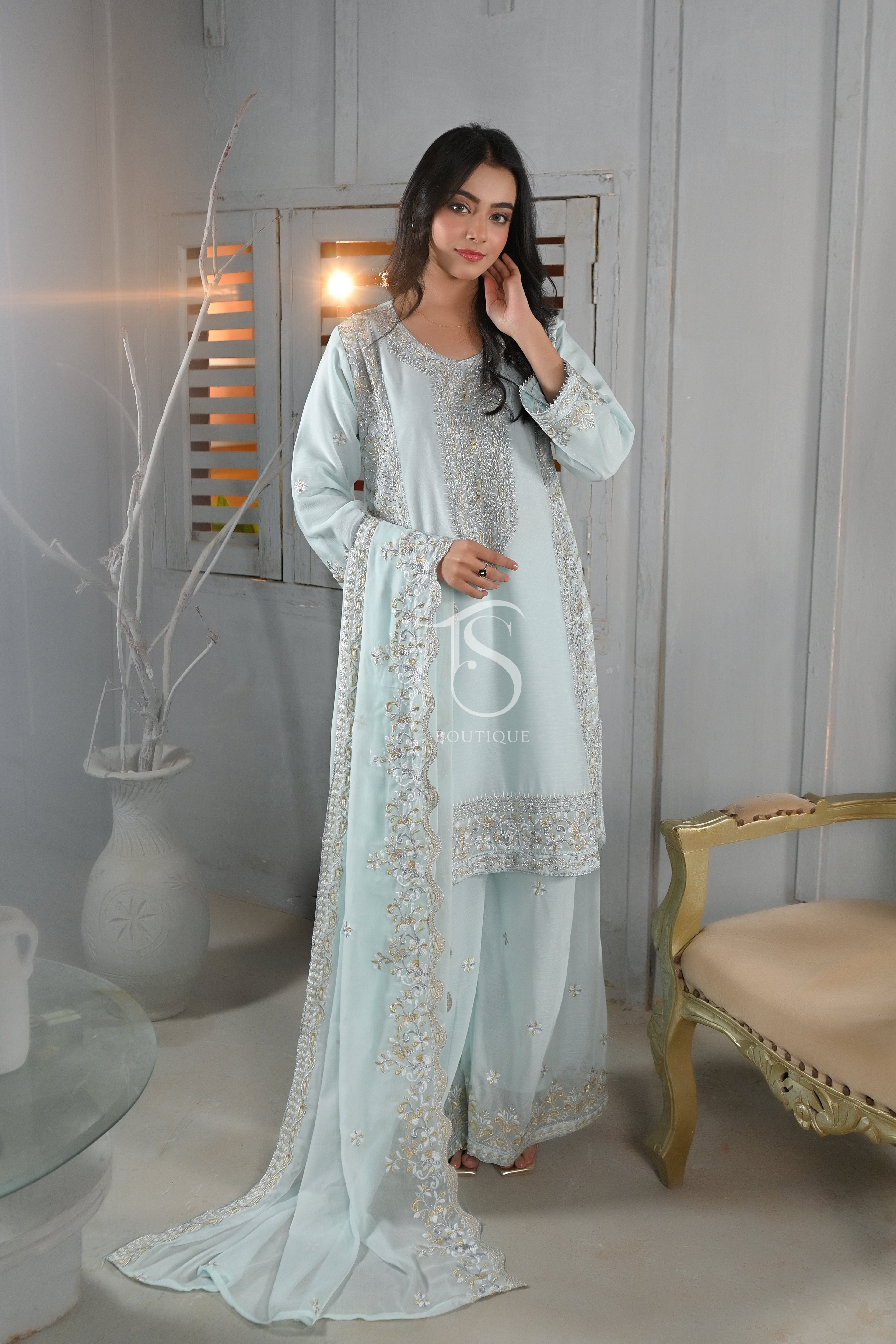 Shimmering Silver Stone Work Plazo Suit