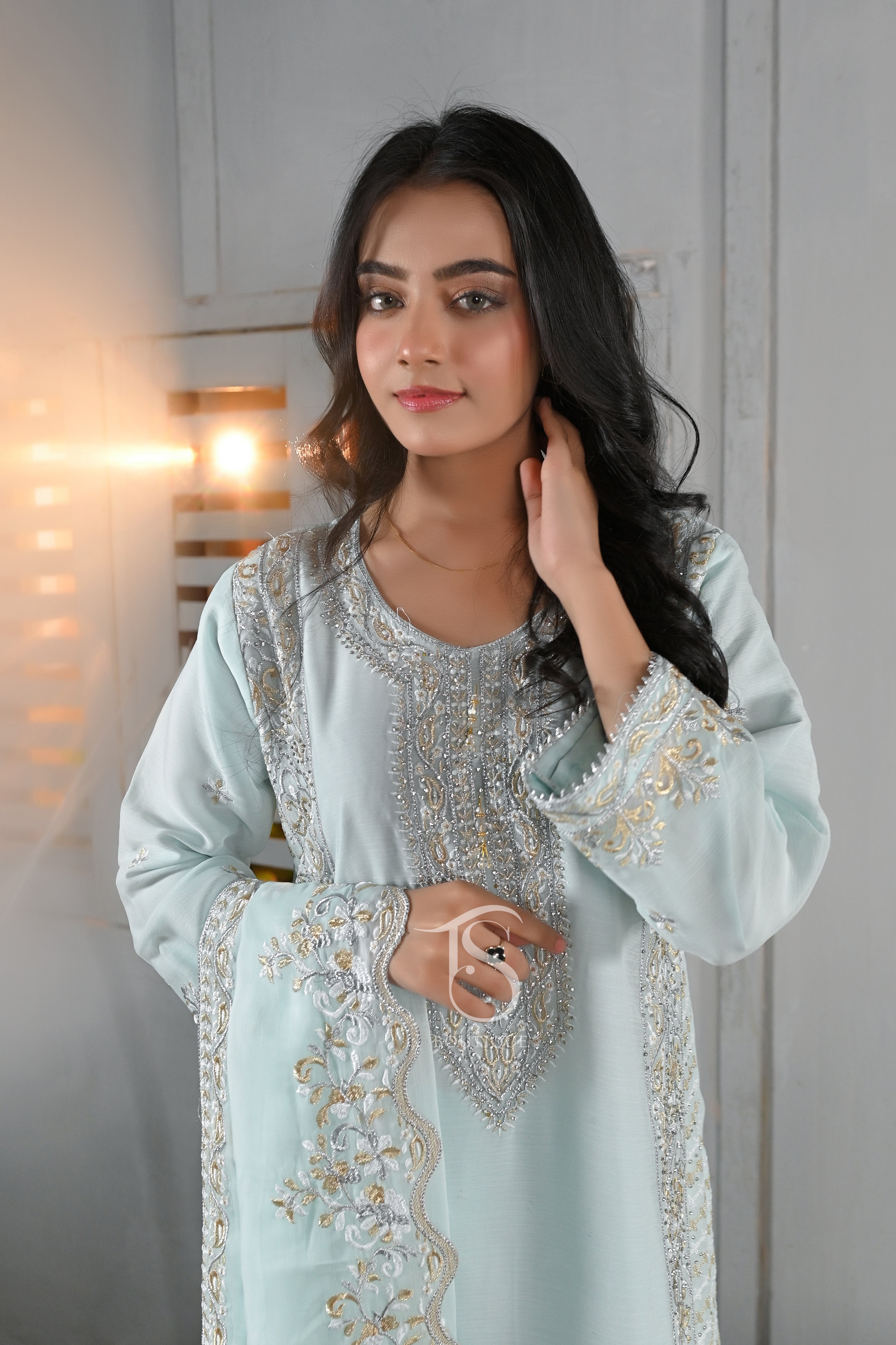 Shimmering Silver Stone Work Plazo Suit