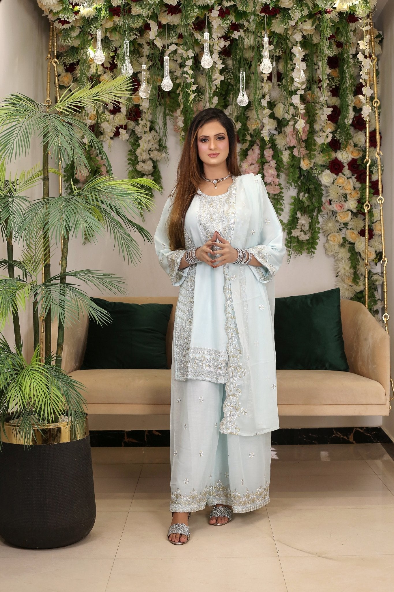 BF - 018 | Shimmering Silver Stone Work Plazo Suit - TS Boutique