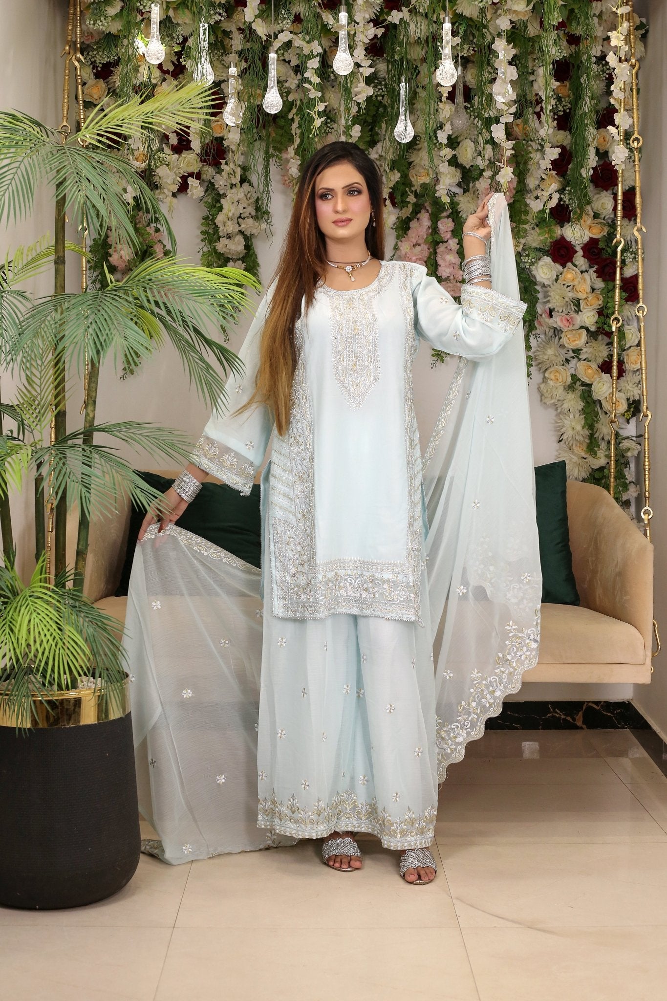 BF - 018 | Shimmering Silver Stone Work Plazo Suit - TS Boutique