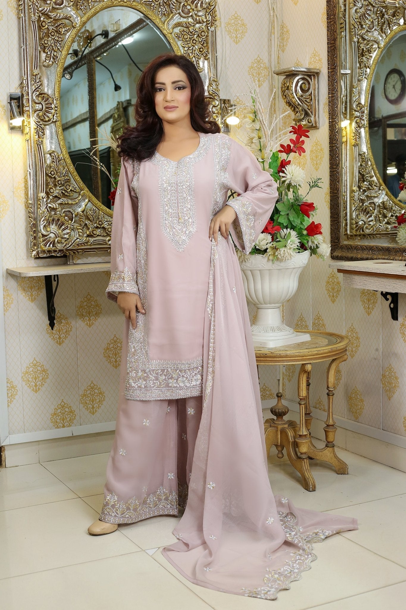 BF - 018 | Shimmering Silver Stone Work Plazo Suit - TS Boutique