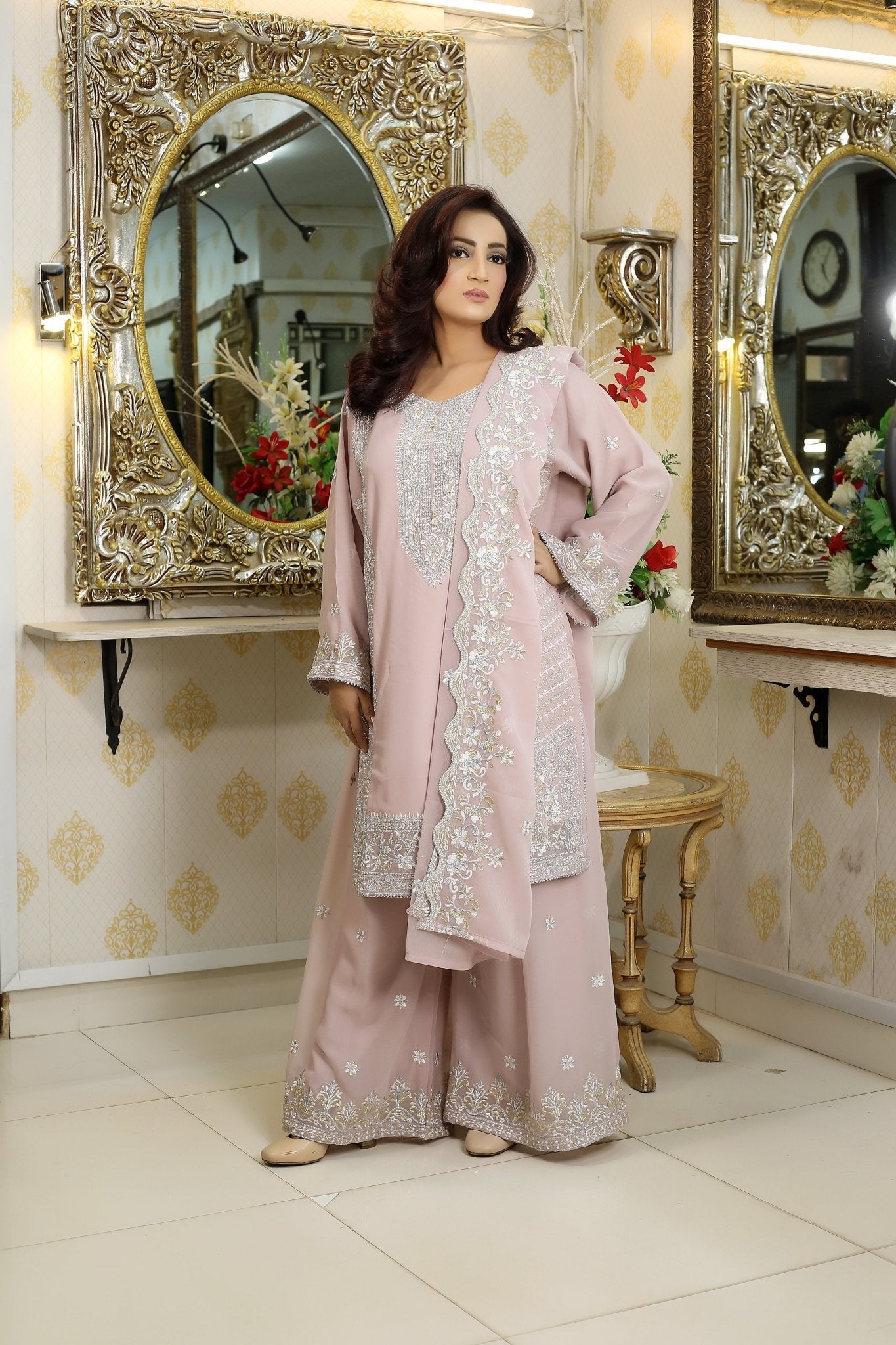 BF - 018 | Shimmering Silver Stone Work Plazo Suit - TS Boutique