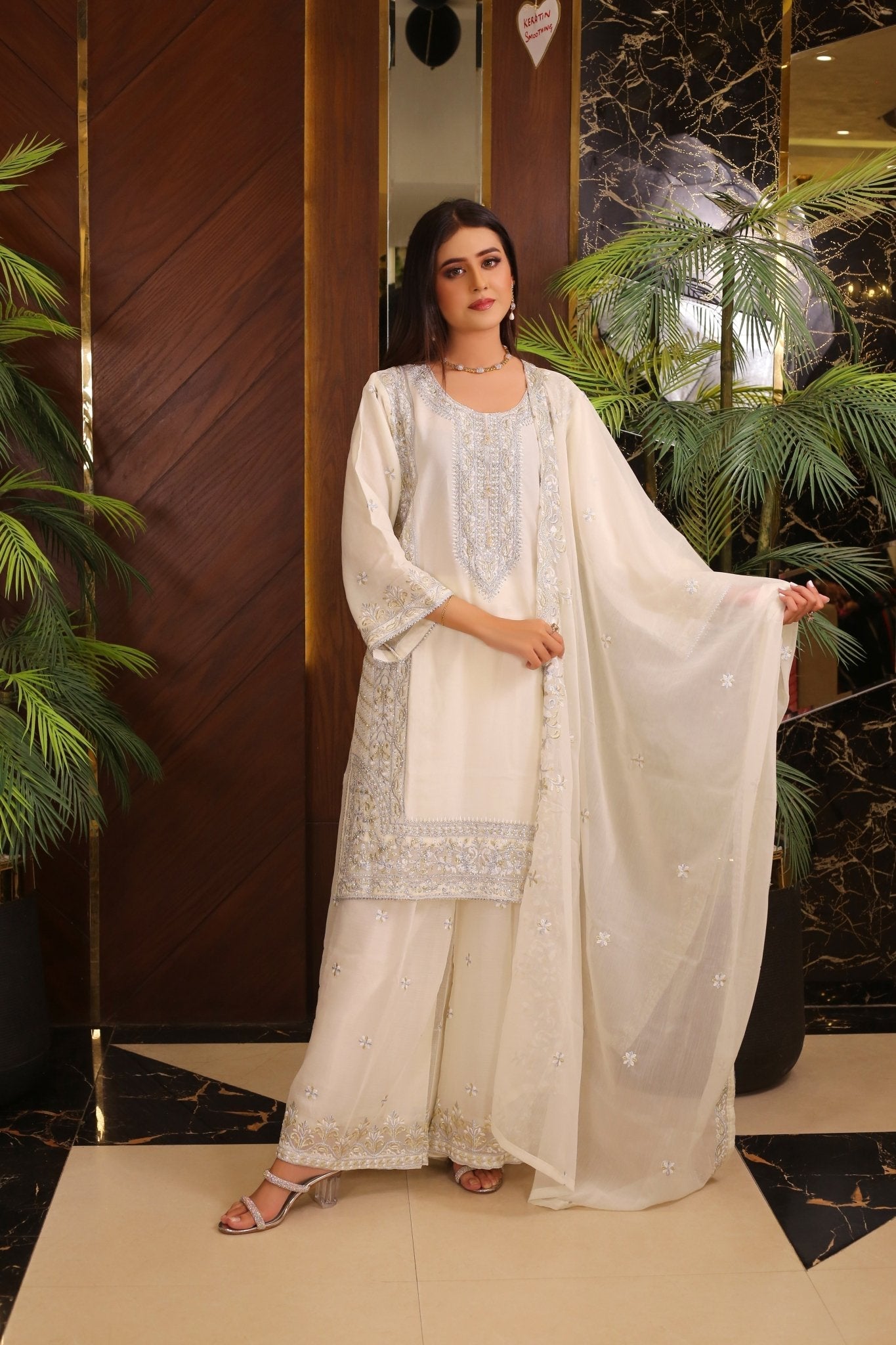 BF - 018 | Shimmering Silver Stone Work Plazo Suit - TS Boutique